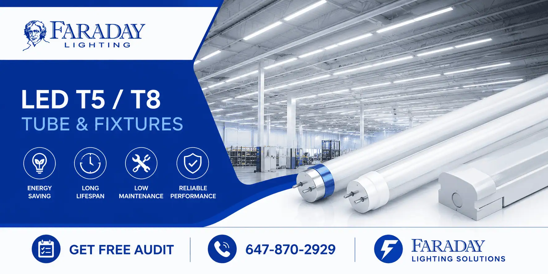 Faraday LED T5/T8 Tube & Fixtures offer bright, energy-efficient lighting
